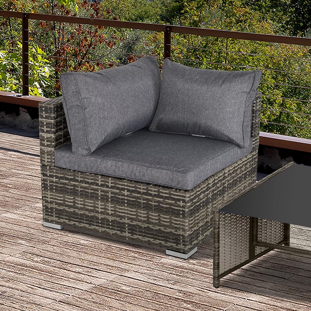 PE Rattan Wicker Corner Sofa Garden Furniture Single Sofa Chair w/ Cushions, Deep Grey