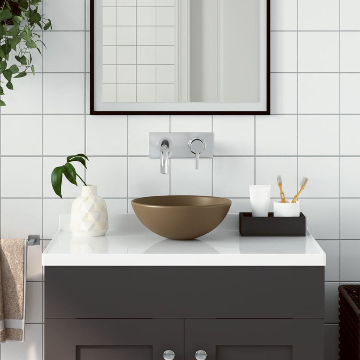 Bathroom Sink Ceramic Matt Cream Round