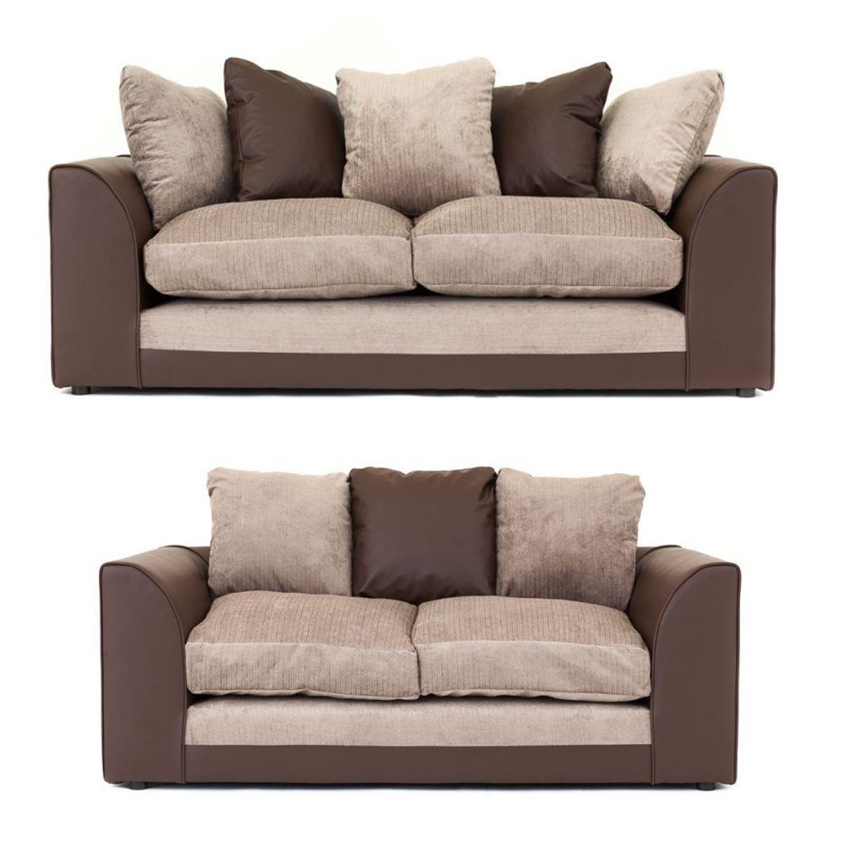 DYLAN Faux Leather and Chenille Fabric 3 and 2 Seater Scatterback Sofa Set - Brown and Beige