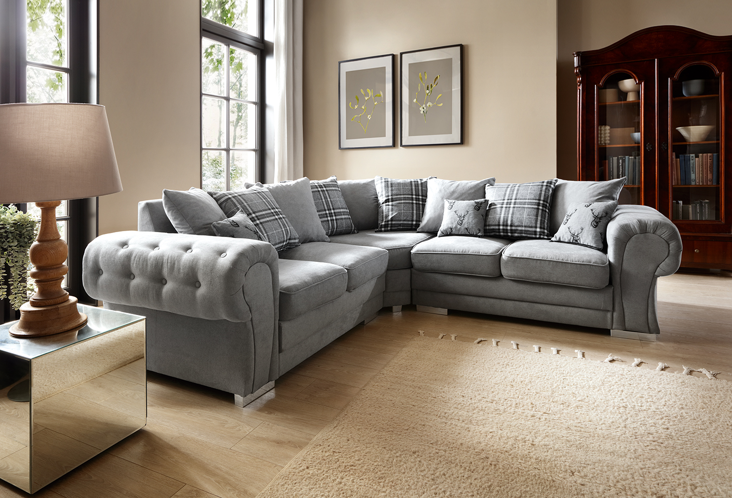 COLCHESTER Chenille Fabric Large 5 Seater L Shaped Scatterback Corner Sofa - Grey