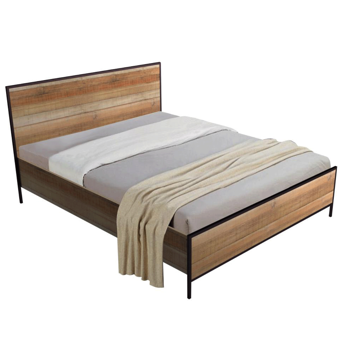 Wenatchee Decent Decor Bed Frame Classic Oak Effect with Black Metal Frame - Double 4ft6