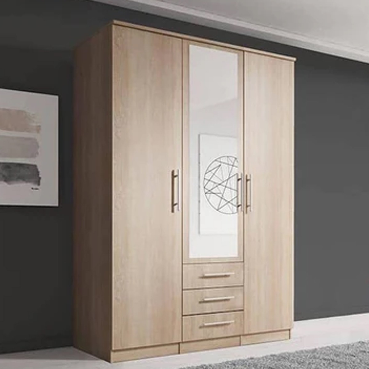 DUFFY 3 Door Mirrored Wardrobe with 3 Drawers Light Oak - 150cm