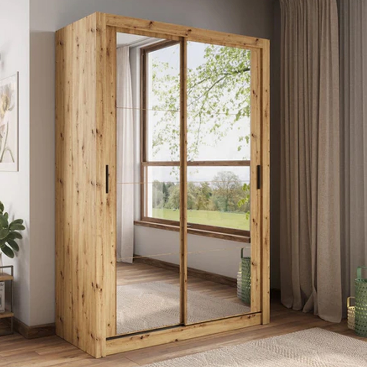 IRVINE 2 Door Mirrored Sliding Wardrobe Medium Oak - 150cm