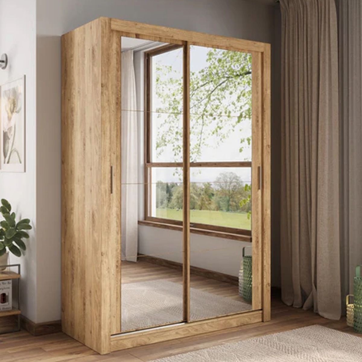 IRVINE 2 Door Mirrored Sliding Wardrobe Oak Shetland - 150cm