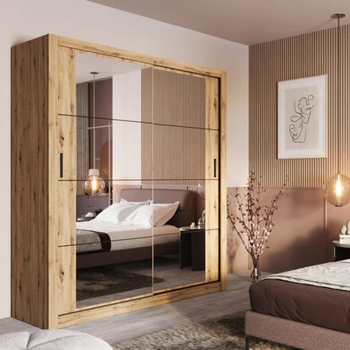 INDIGO 2 Door Mirrored Sliding Wardrobe Medium Oak - 181cm