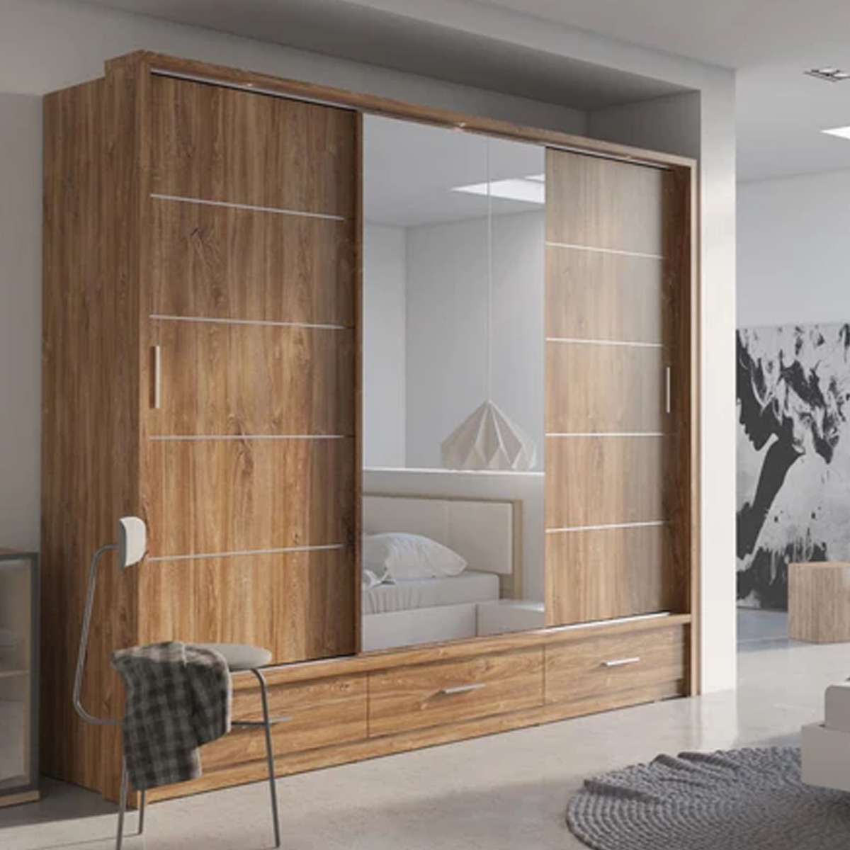 IRVINE 3 Door Mirrored Sliding Wardrobe with 3 Drawers Medium Oak - 250cm