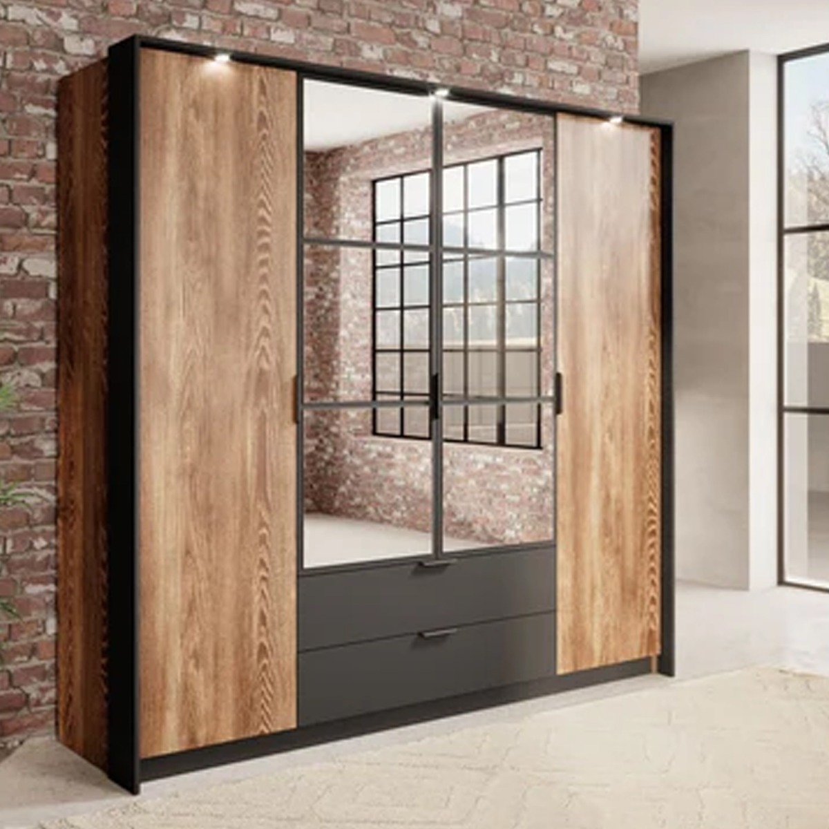MONTAGUE 4 Door Mirrored Wardrobe with 2 Drawers Grey and Oak - 223cm