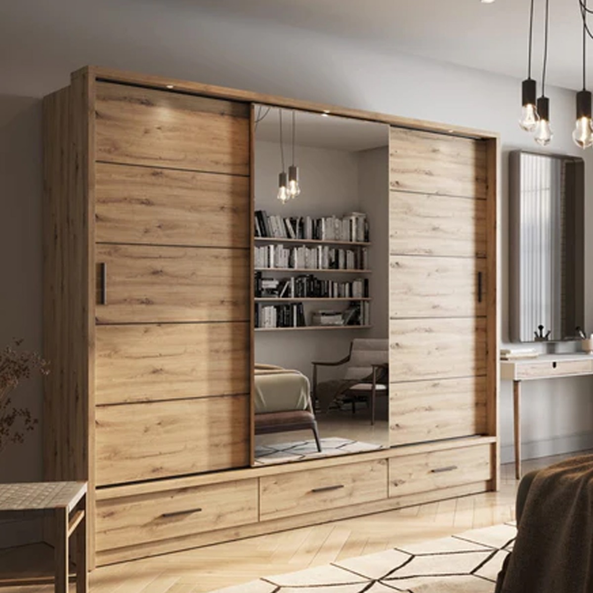 IRVINE 3 Door Mirrored Sliding Wardrobe with 3 Drawers Light Oak - 250cm