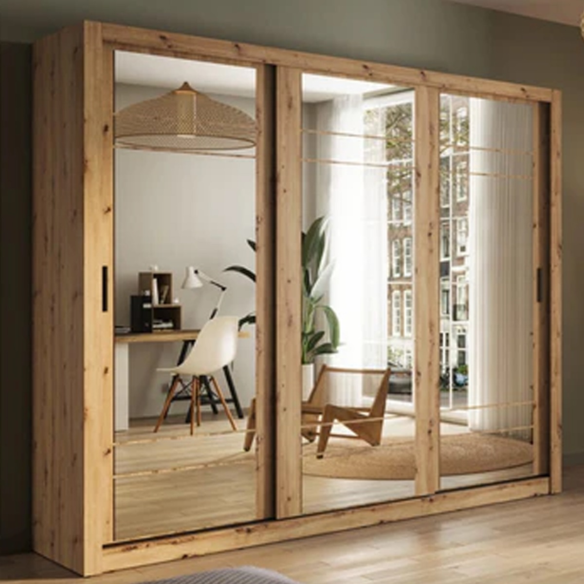 INDIGO 3 Door Mirrored Sliding Wardrobe Medium Oak - 250cm