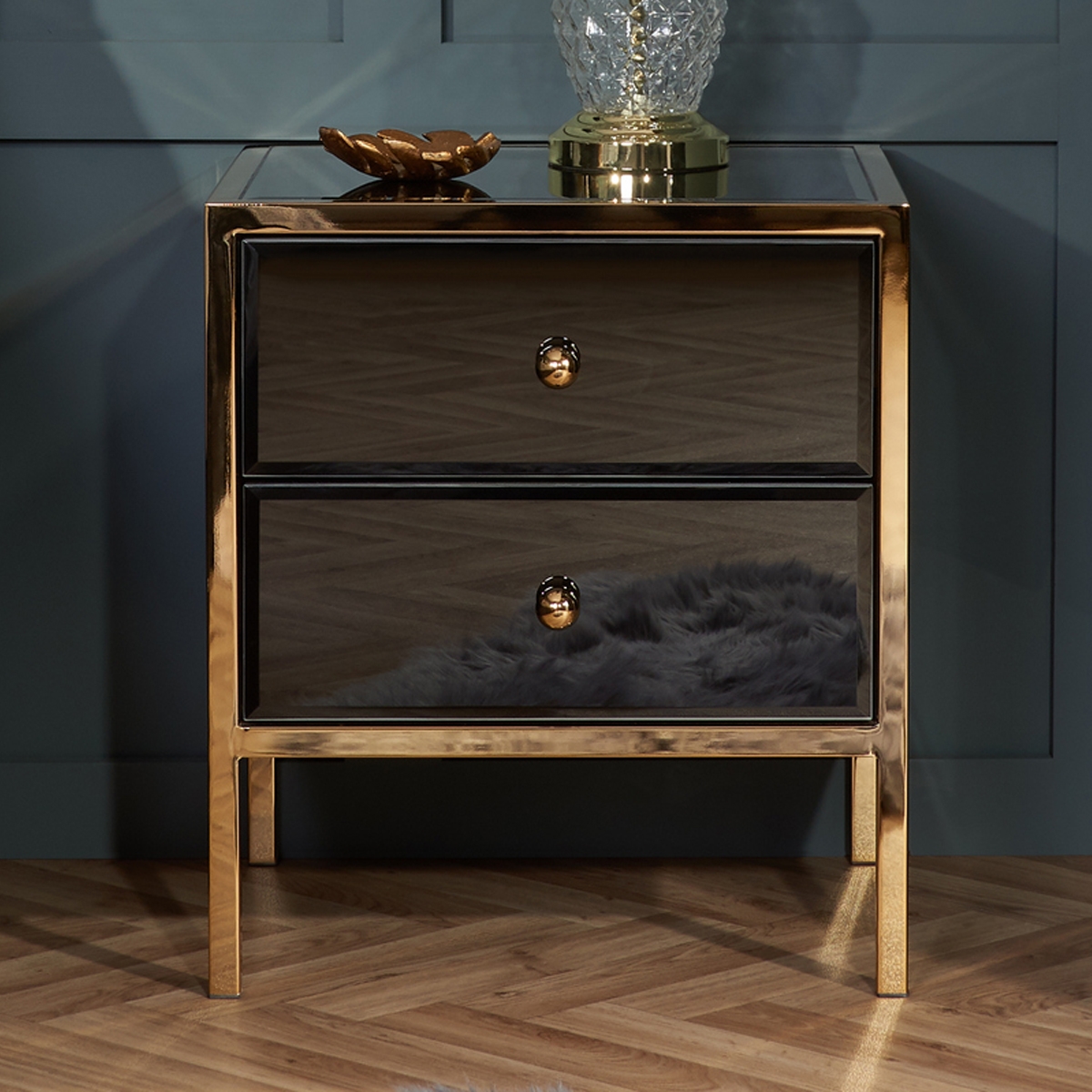 Bedside Table - BIRLEA 2 Drawer Nightstand Black and Gold 44cm