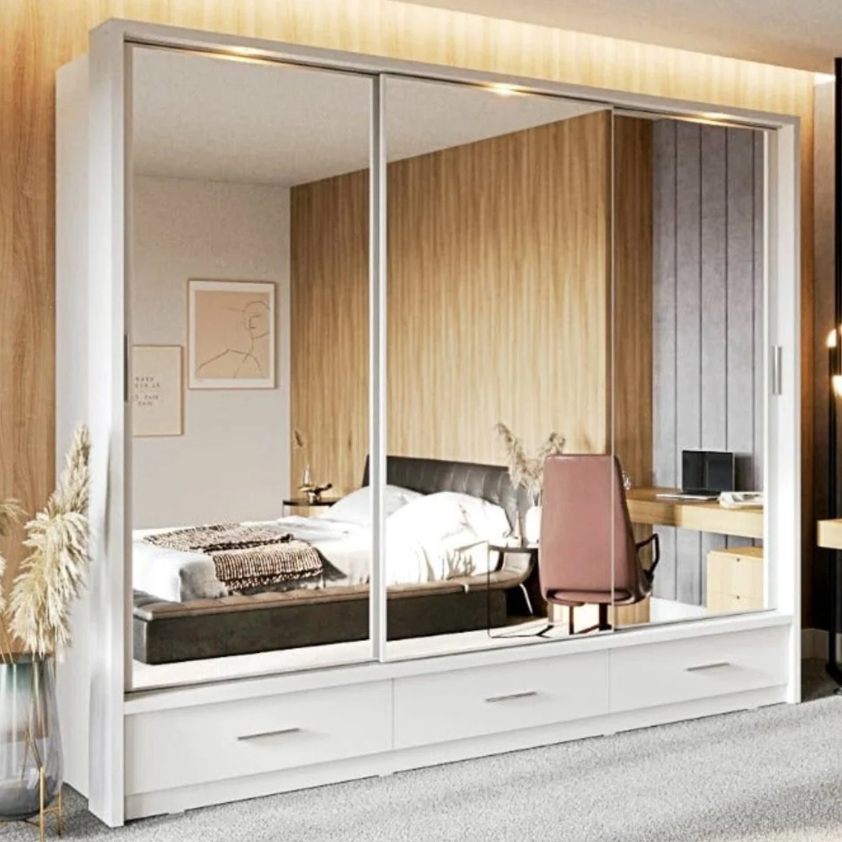 IRVINE 3 Door Mirrored Sliding Wardrobe with 3 Drawers White Matt - 250cm