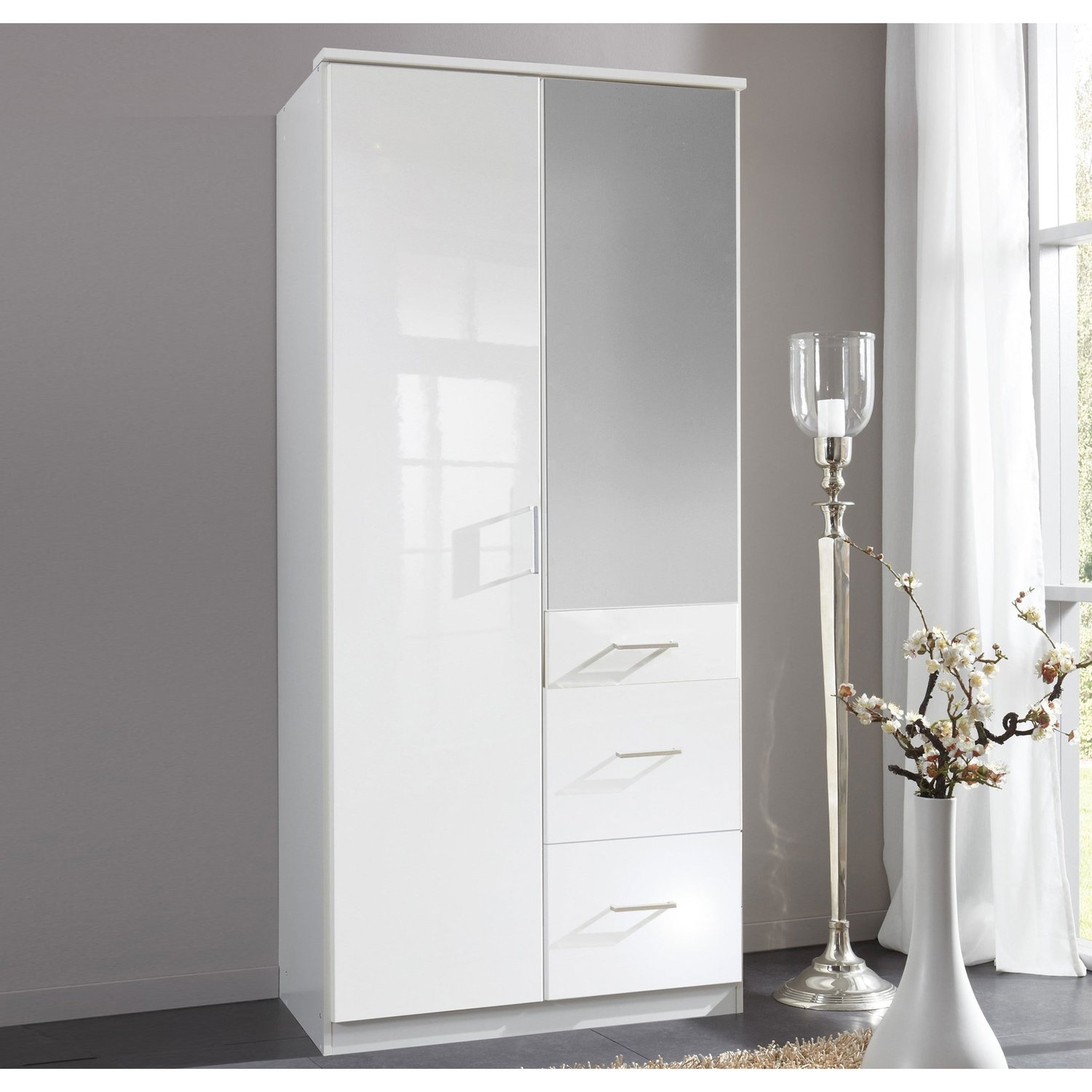 CALLISTO 2 Door Mirrored Wardrobe White - 90cm
