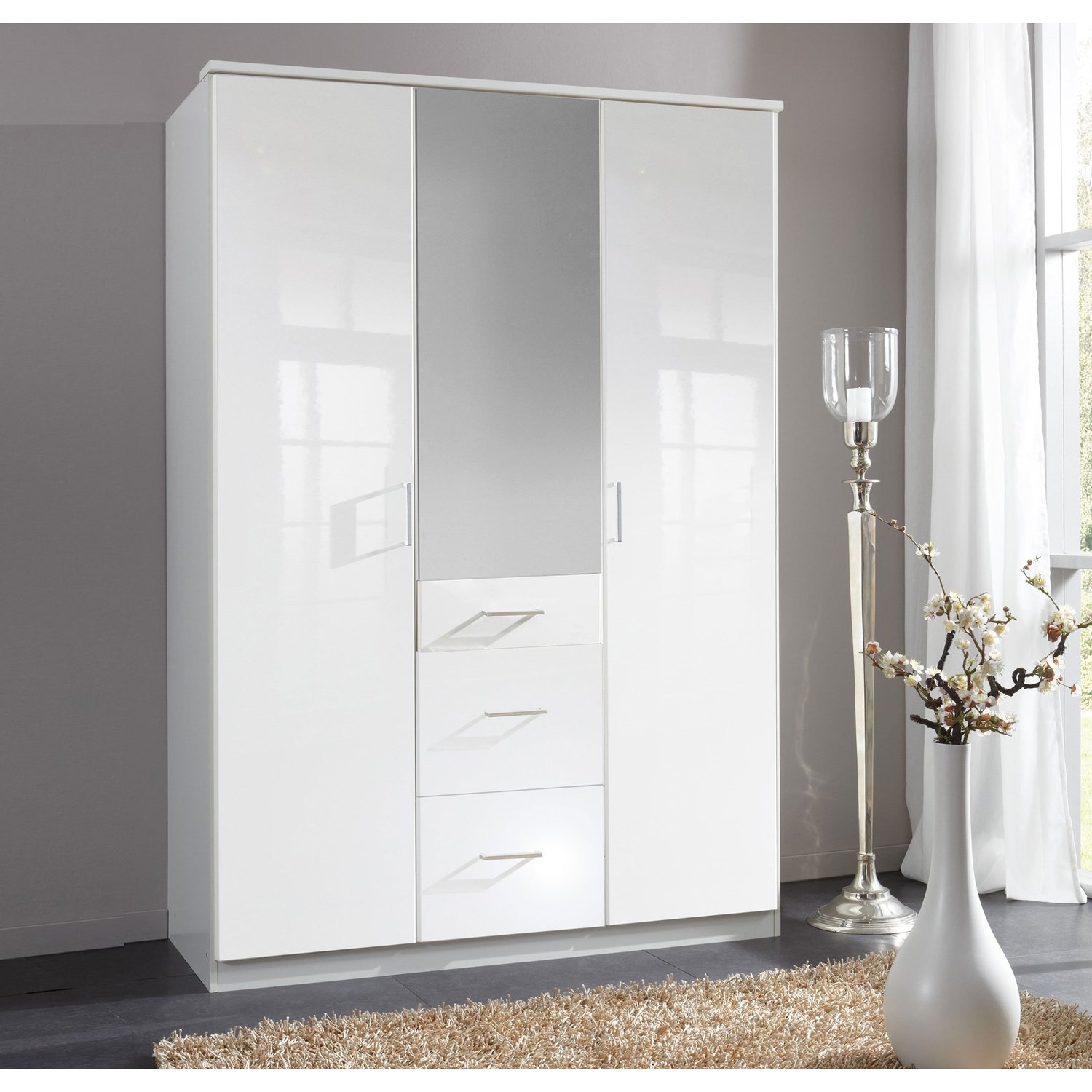CALLISTO 3 Door Mirrored Wardrobe White - 135cm