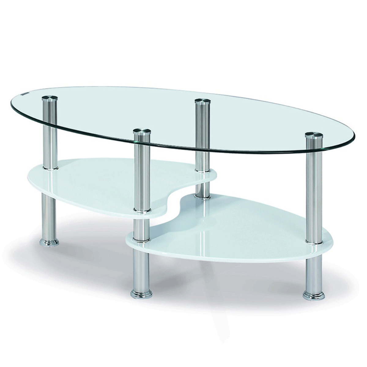 Matlock Oval Glass Coffee Table with Stylish Shelving in Stainless Steel Frame - White