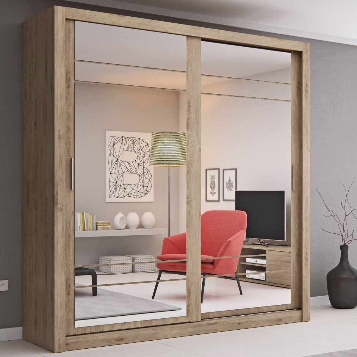 IRVINE 2 Door Mirrored Sliding Wardrobe Oak - 203cm