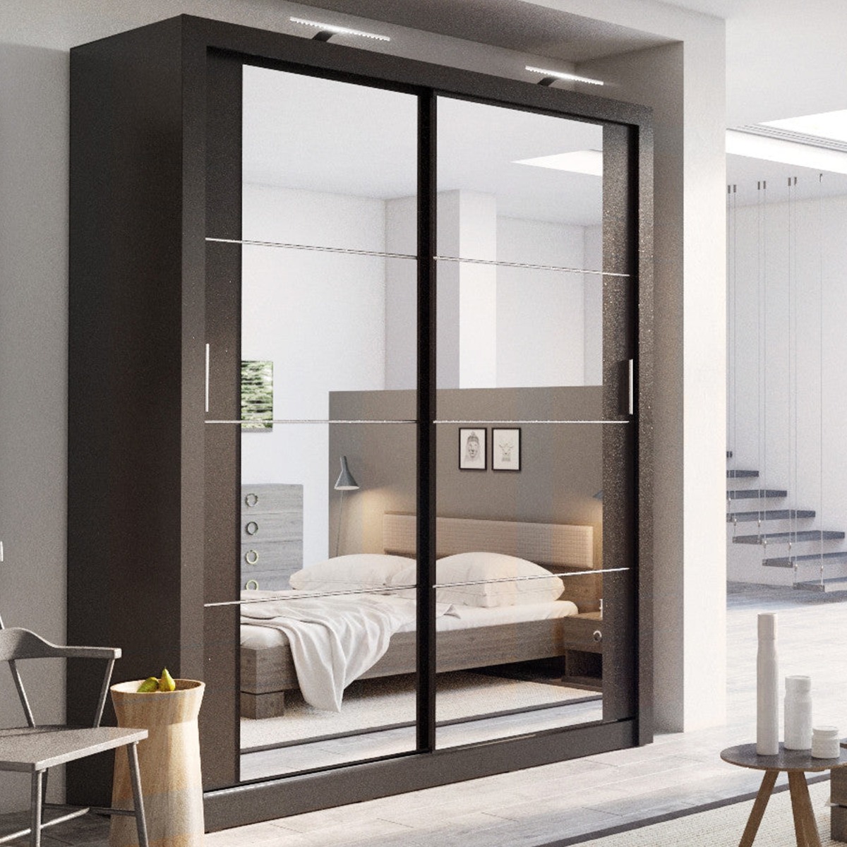 IRVINE 2 Door Mirrored Sliding Wardrobe Black Matt - 181cm