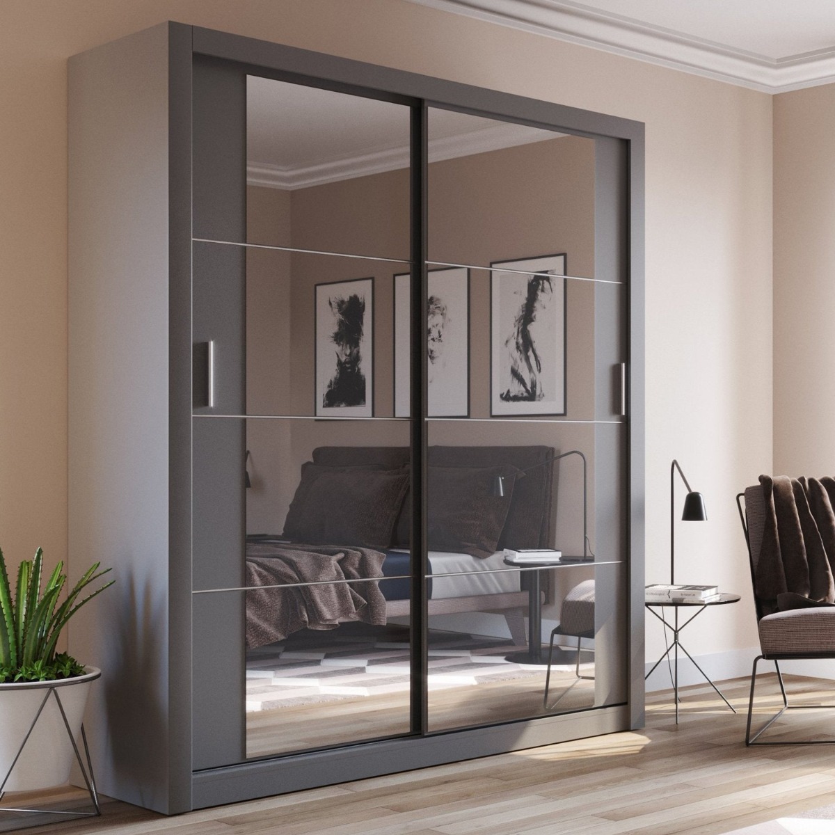 IRVINE 2 Door Mirrored Sliding Wardrobe Grey Matt - 181cm