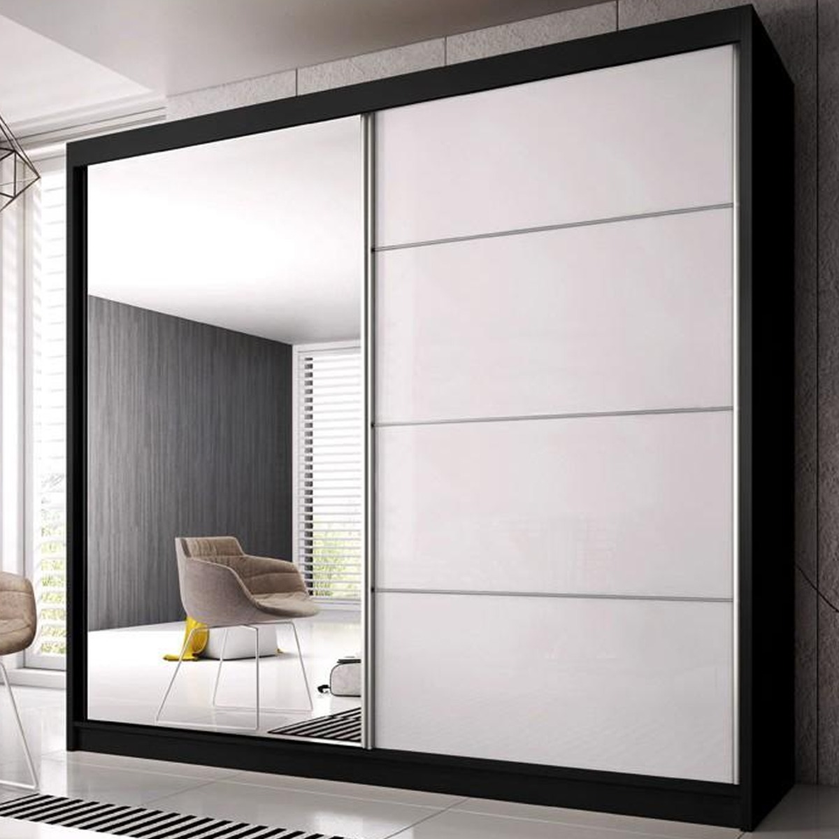 MALTA 2 Door Mirrored Sliding Wardrobe Black - 233cm