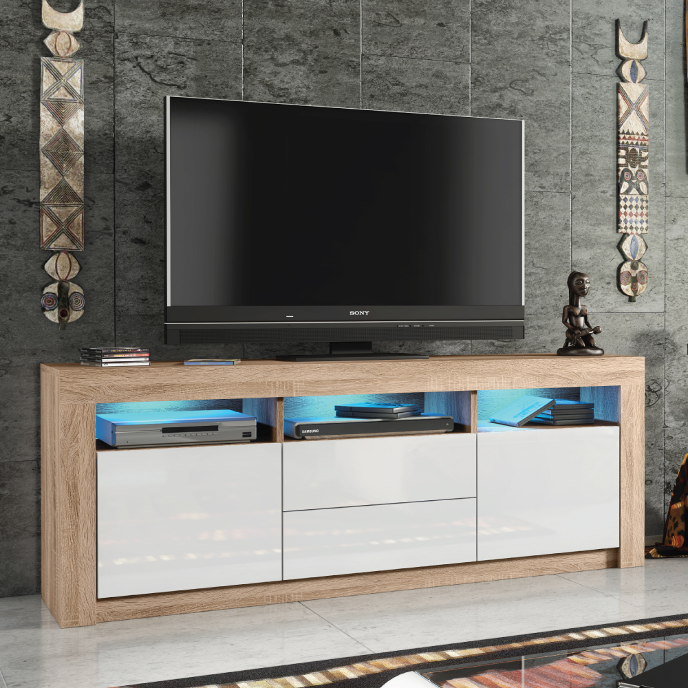 Modern TV Unit with Spacious Storage Cabinet Stand and Free LED Lighting 160cm - Oak and White