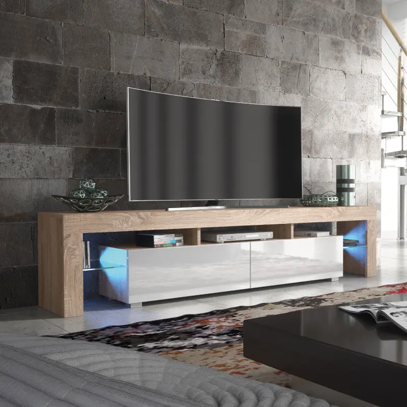 Modern TV Unit Cabinet Sideboard with Free LED Lighting and Ample Storage 200cm - Oak and White