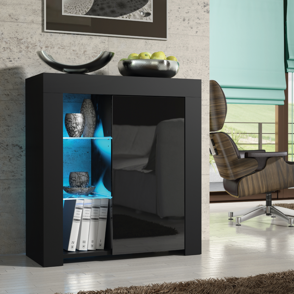 Modern TV Stand Sideboard Cabinet with Free LED Lighting 75cm - Black
