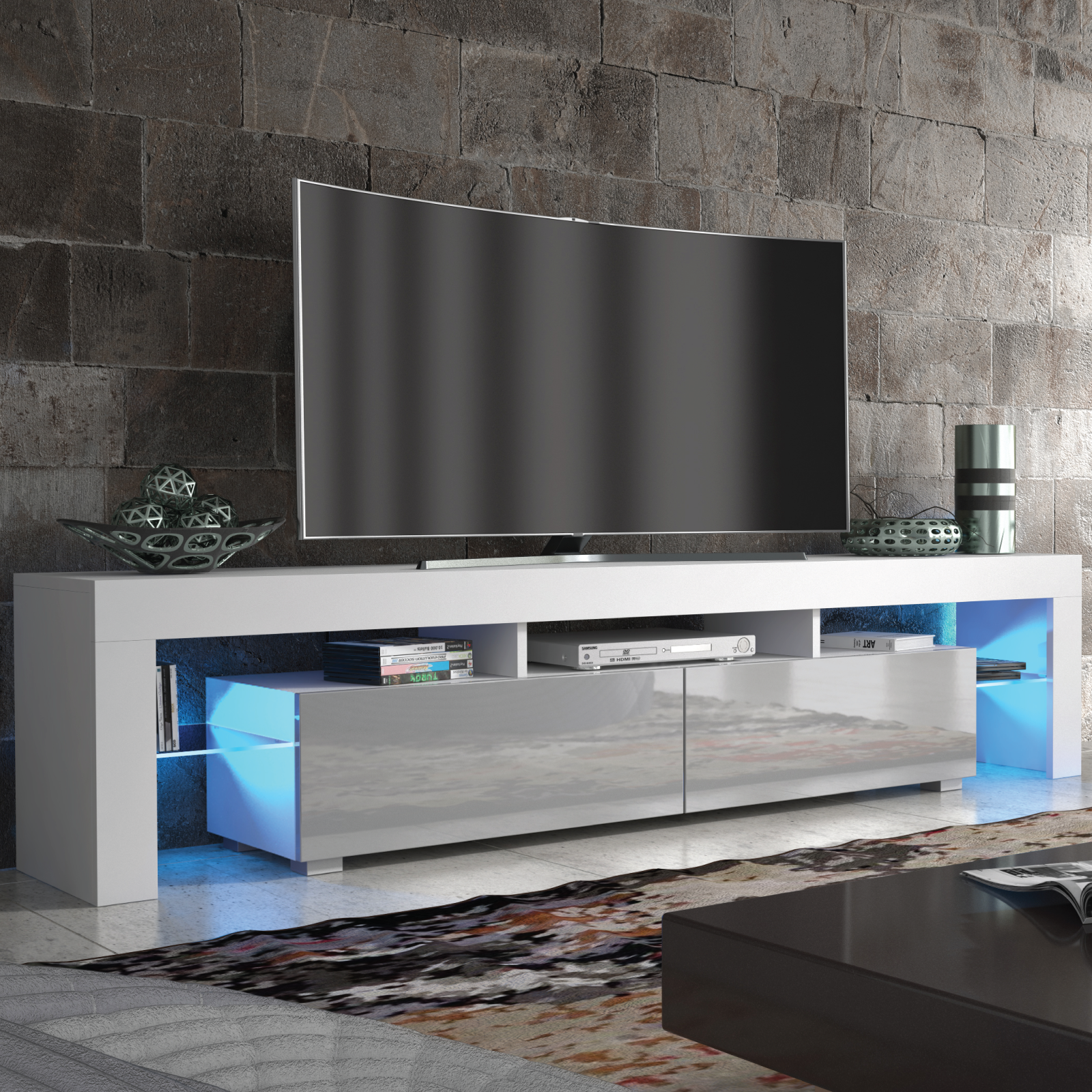 Modern TV Unit Cabinet Sideboard with Free LED Lighting and Ample Storage 200cm - White and Grey