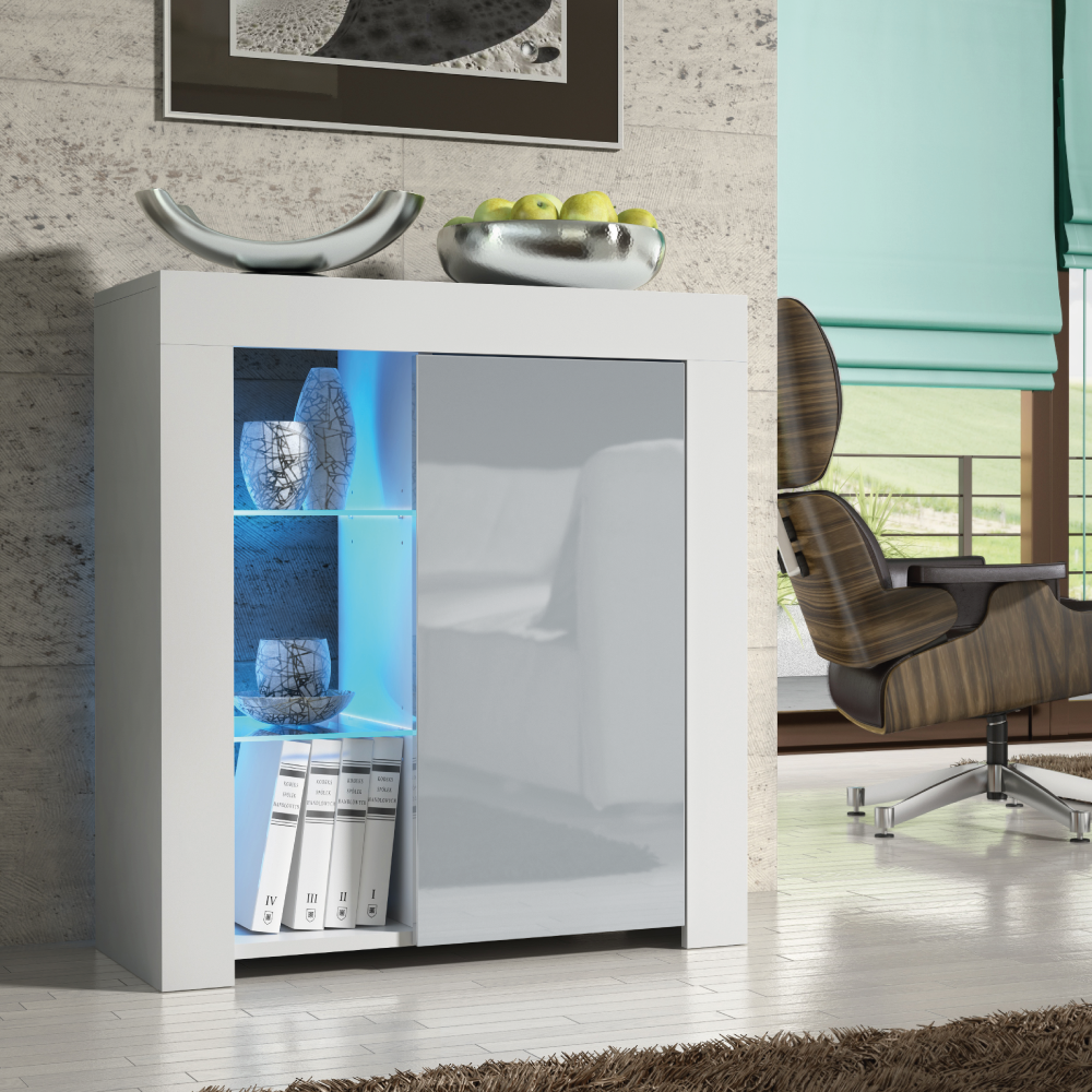 Modern TV Stand Sideboard Cabinet with Free LED Lighting 75cm - White and Grey
