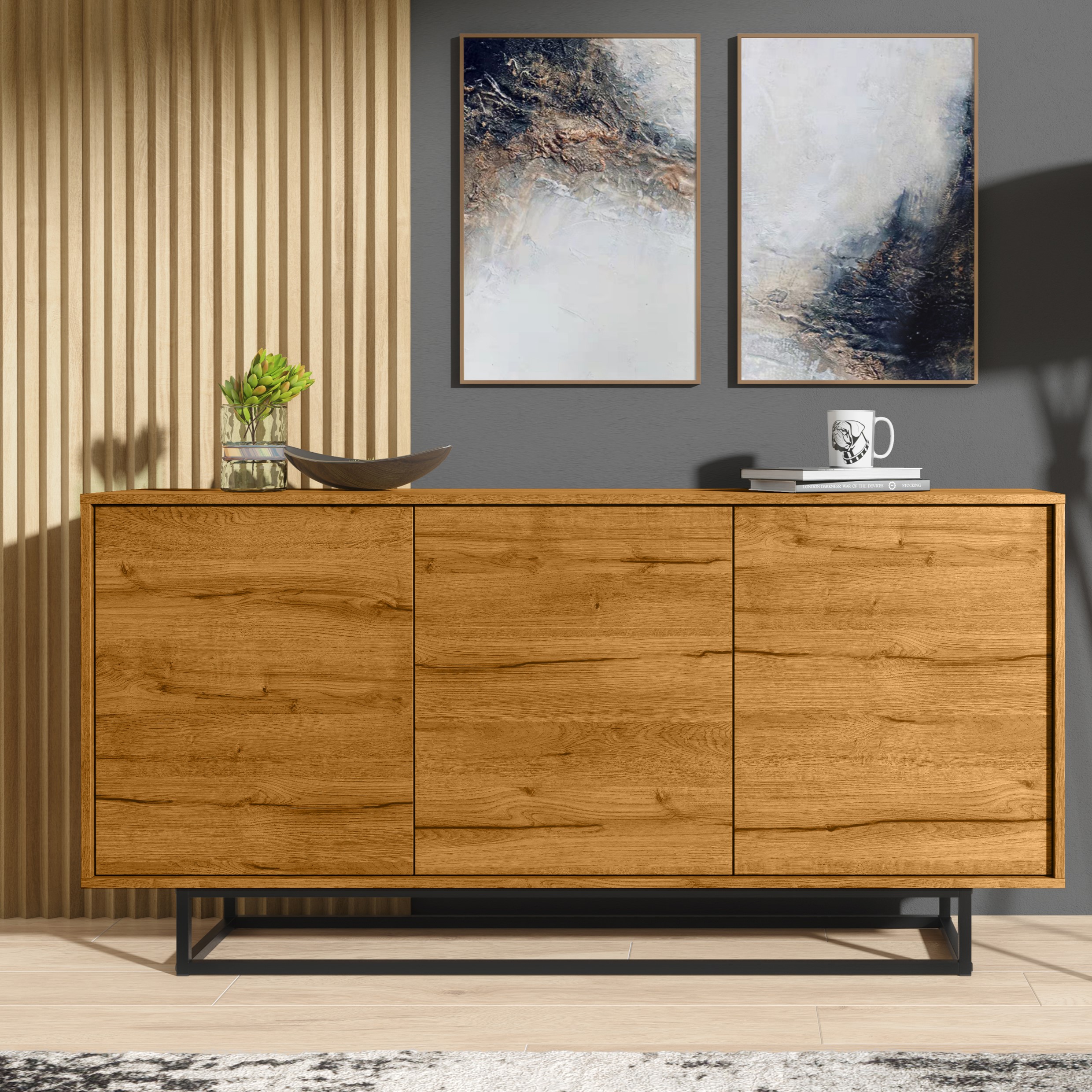 Retro Industrial Oak TV Unit Sideboard Cabinet with Vintage Design 160cm - Oak