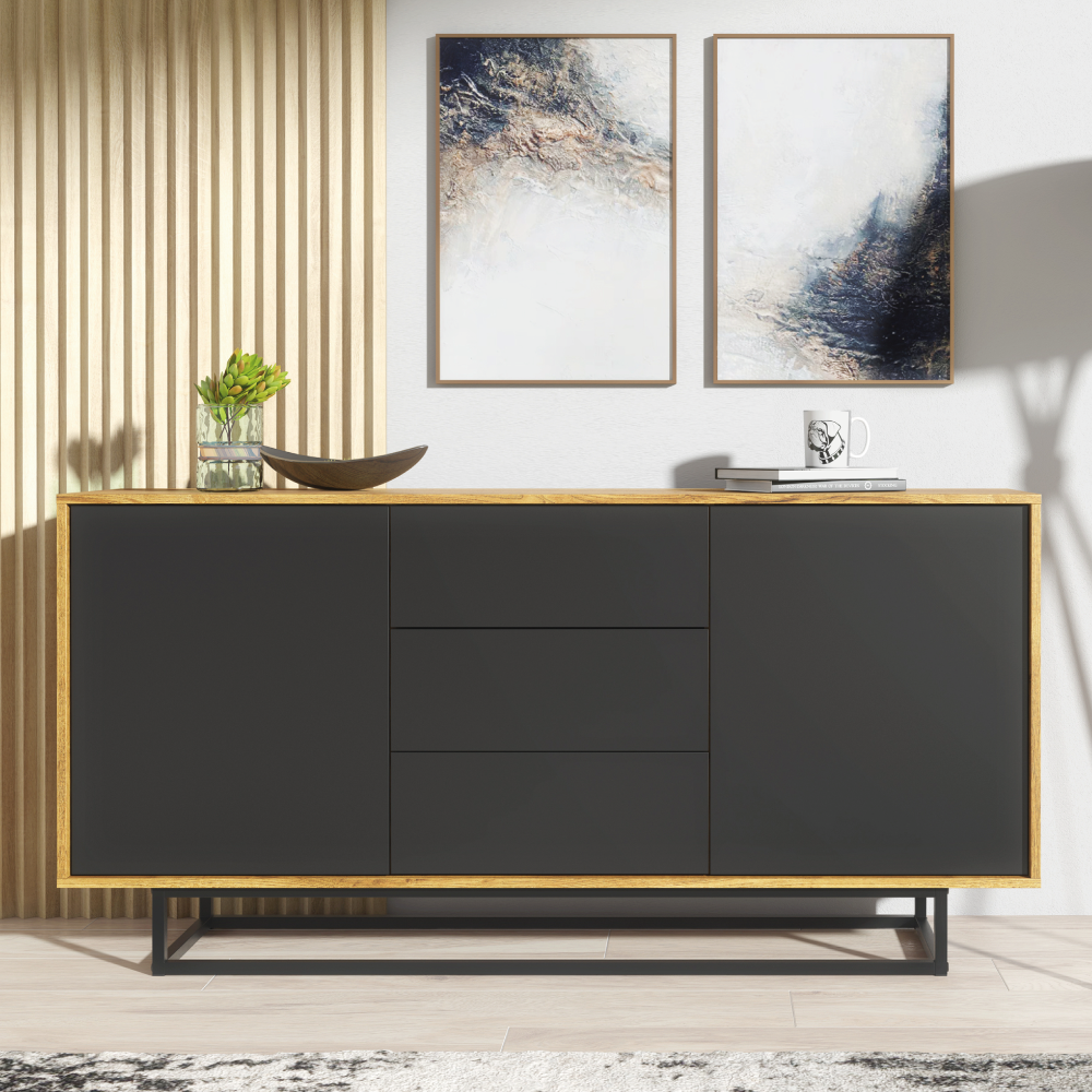 Industrial Loft Sideboard Vintage Oak Retro Cabinet with Drawers - Oak and Black