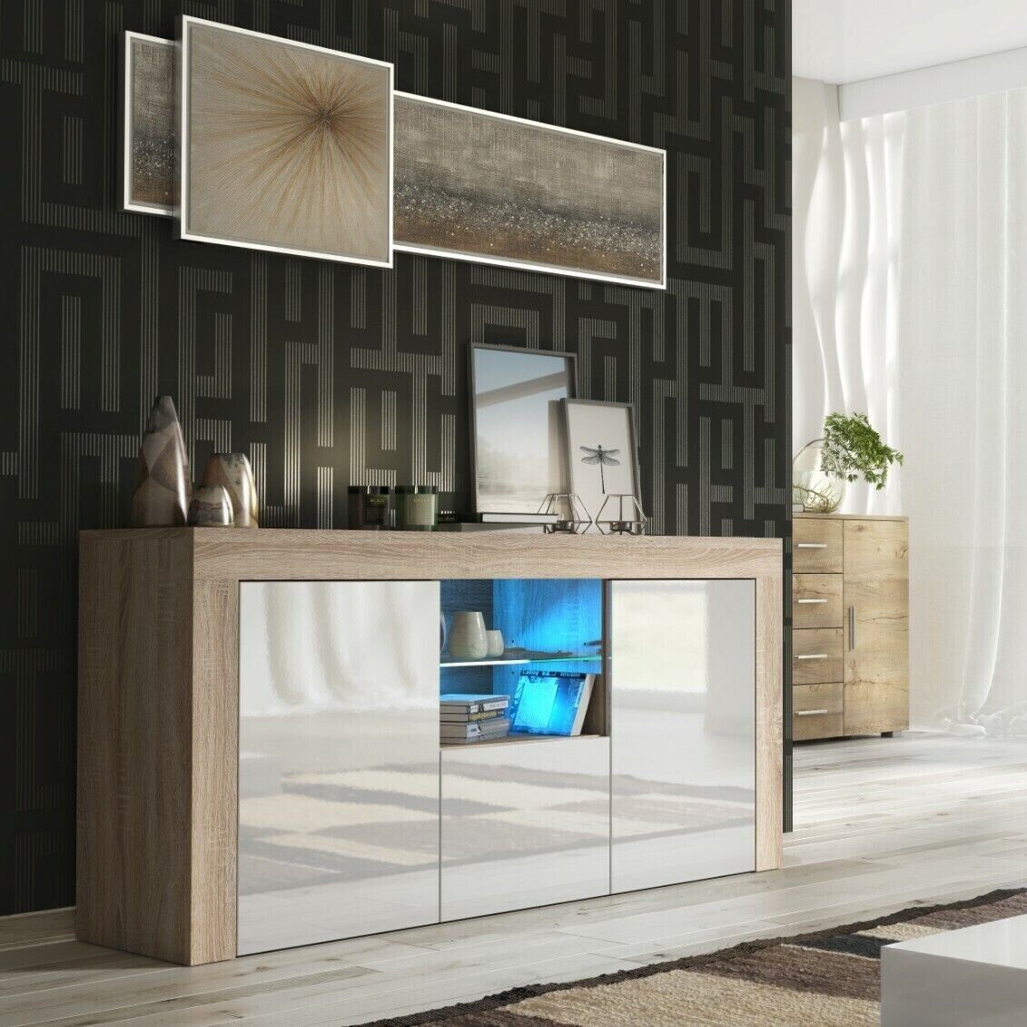 Modern TV Unit Cabinet Stylish Sideboard with Free LED Lighting 145cm - Oak and White