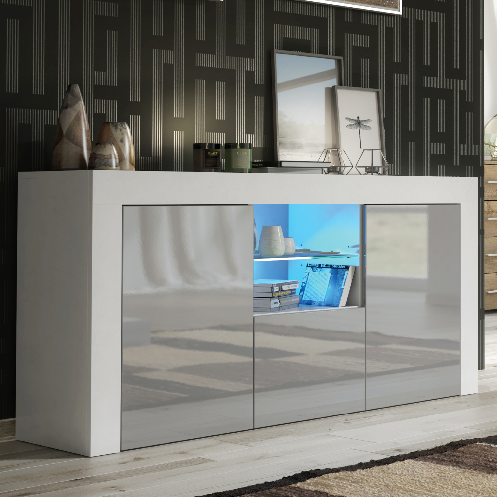 Modern TV Unit Cabinet Stylish Sideboard with Free LED Lighting 145cm - White and Grey