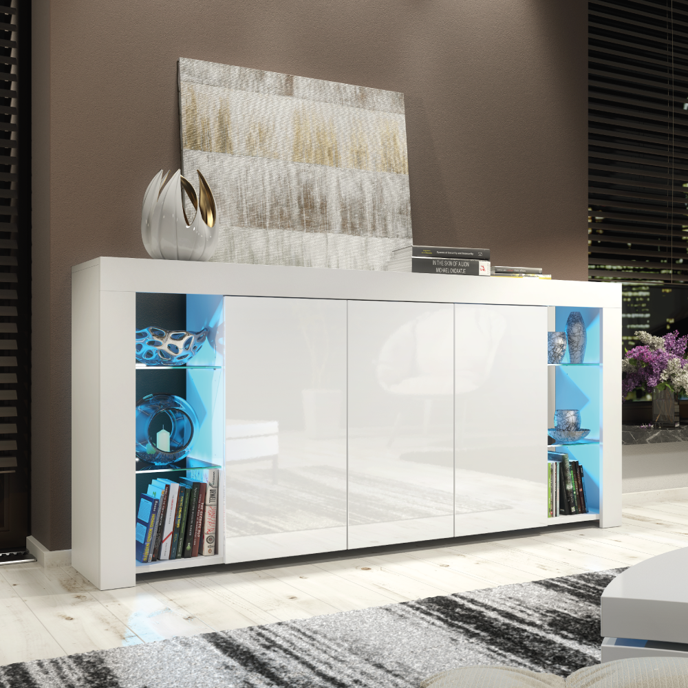 Cabinet Cupboard Sideboard TV Unit with Free LED Lighting and Storage 164cm - White