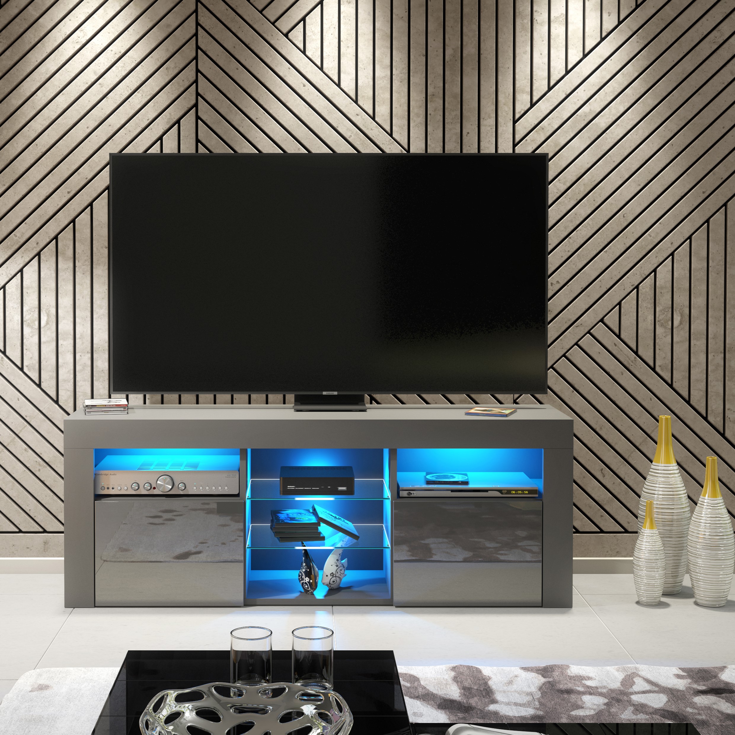 Modern TV Cabinet with Sideboard Storage and Free LED Lighting 145cm - Dark Grey