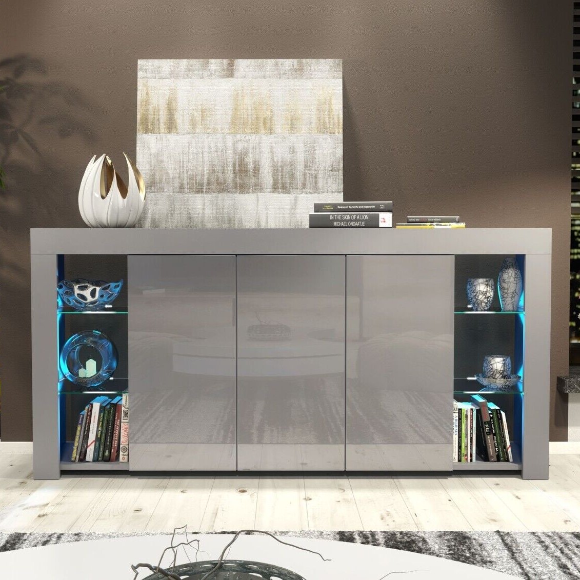 Cabinet Cupboard Sideboard TV Unit with Free LED Lighting and Storage 164cm - Dark Grey