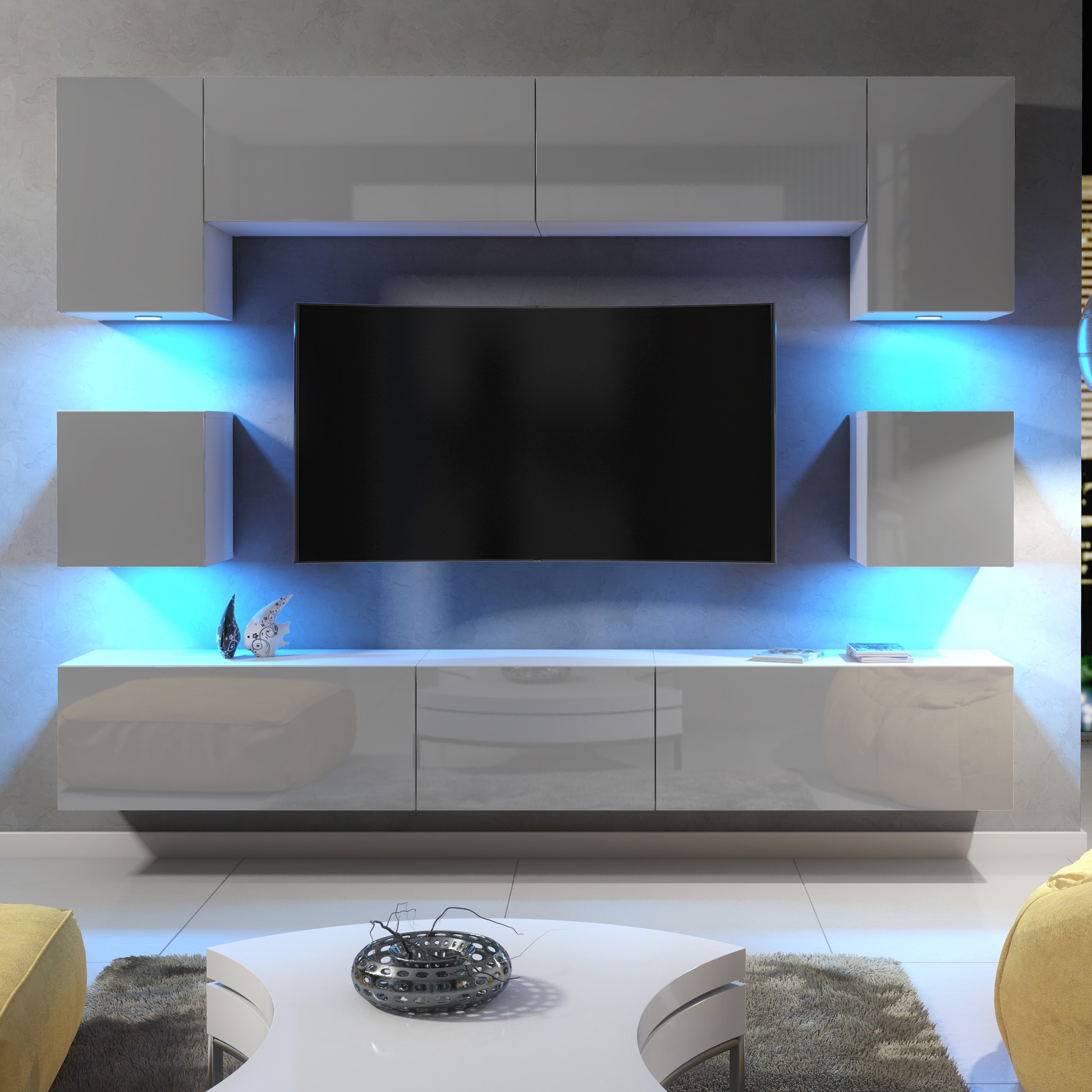 Modern Living Room Set with Cupboard TV Unit Cabinet and Wall Storage with LED Lighting - White and Grey