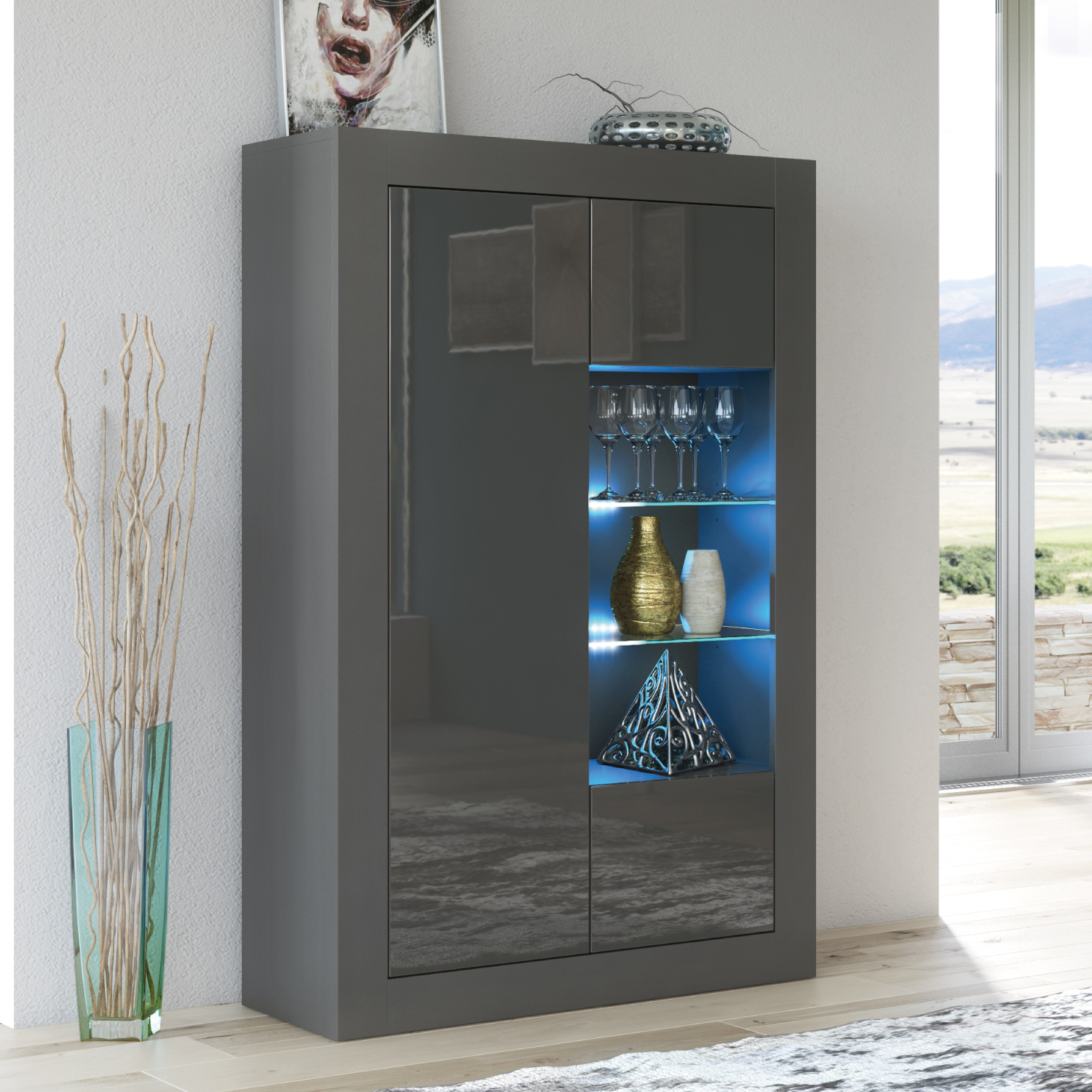 CANNES Display Cabinet 140cm - Dark Grey