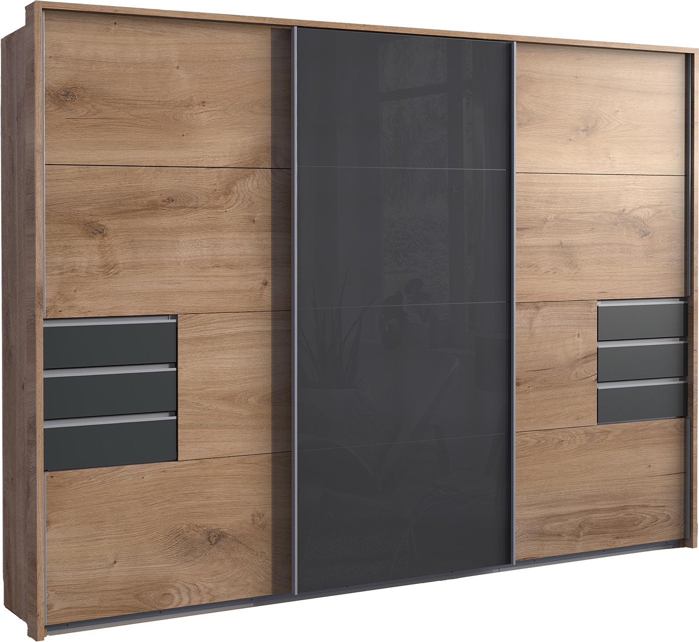 SOGO 3 Door Mirrored Sliding Wardrobe with 6 Drawers Oak with Grey - 270cm