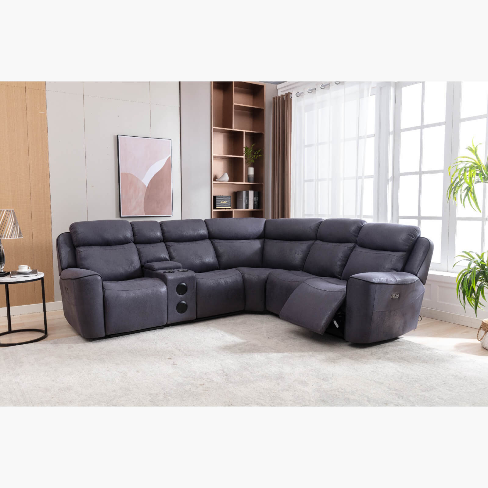 Recliner Sofa - PULSE Fabric 3 Power 5 Seater L Shaped Sofa - Grey