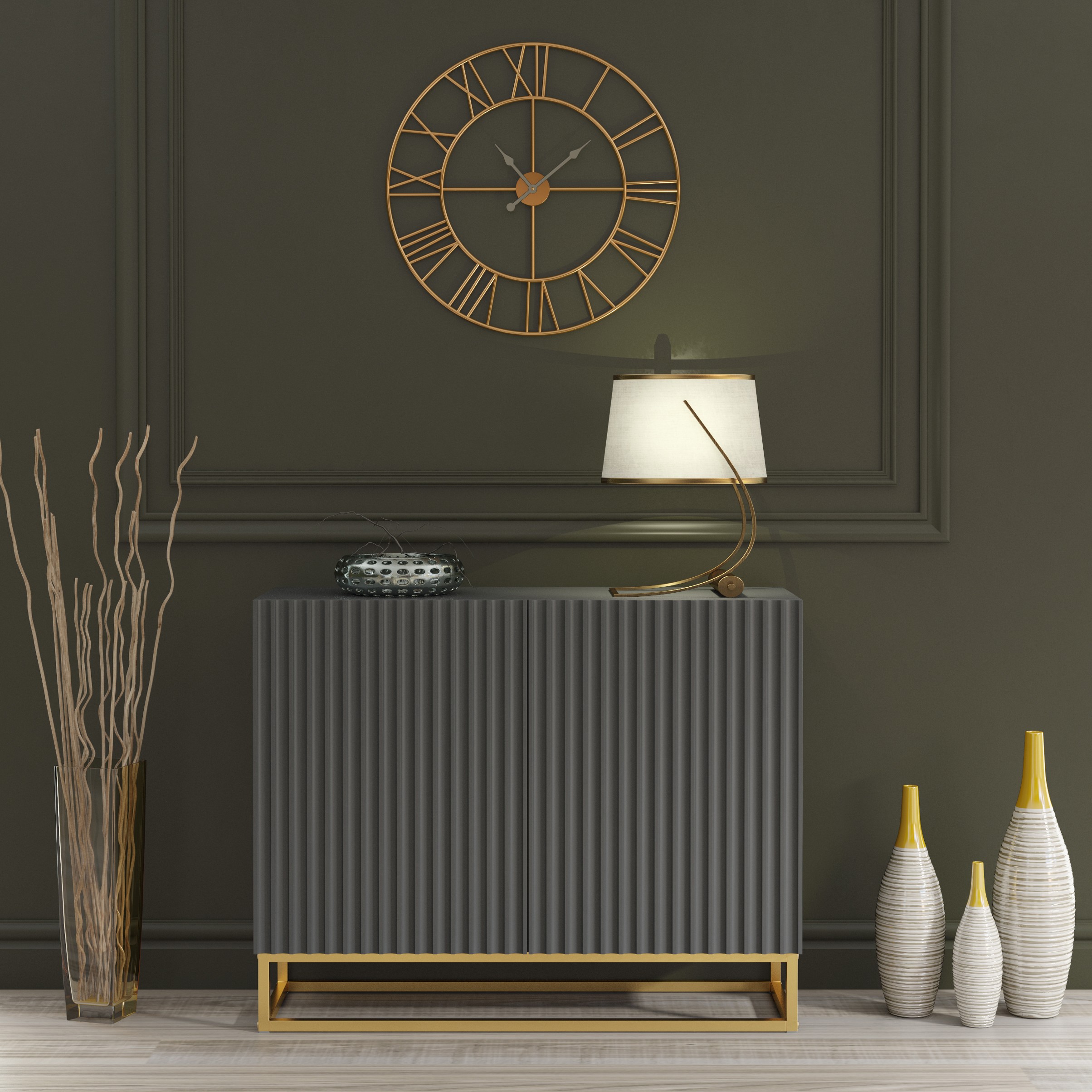 UZERA Modern Sideboard Cabinet Stylish Fluted Doors And Gold Frame 100cm - Grey