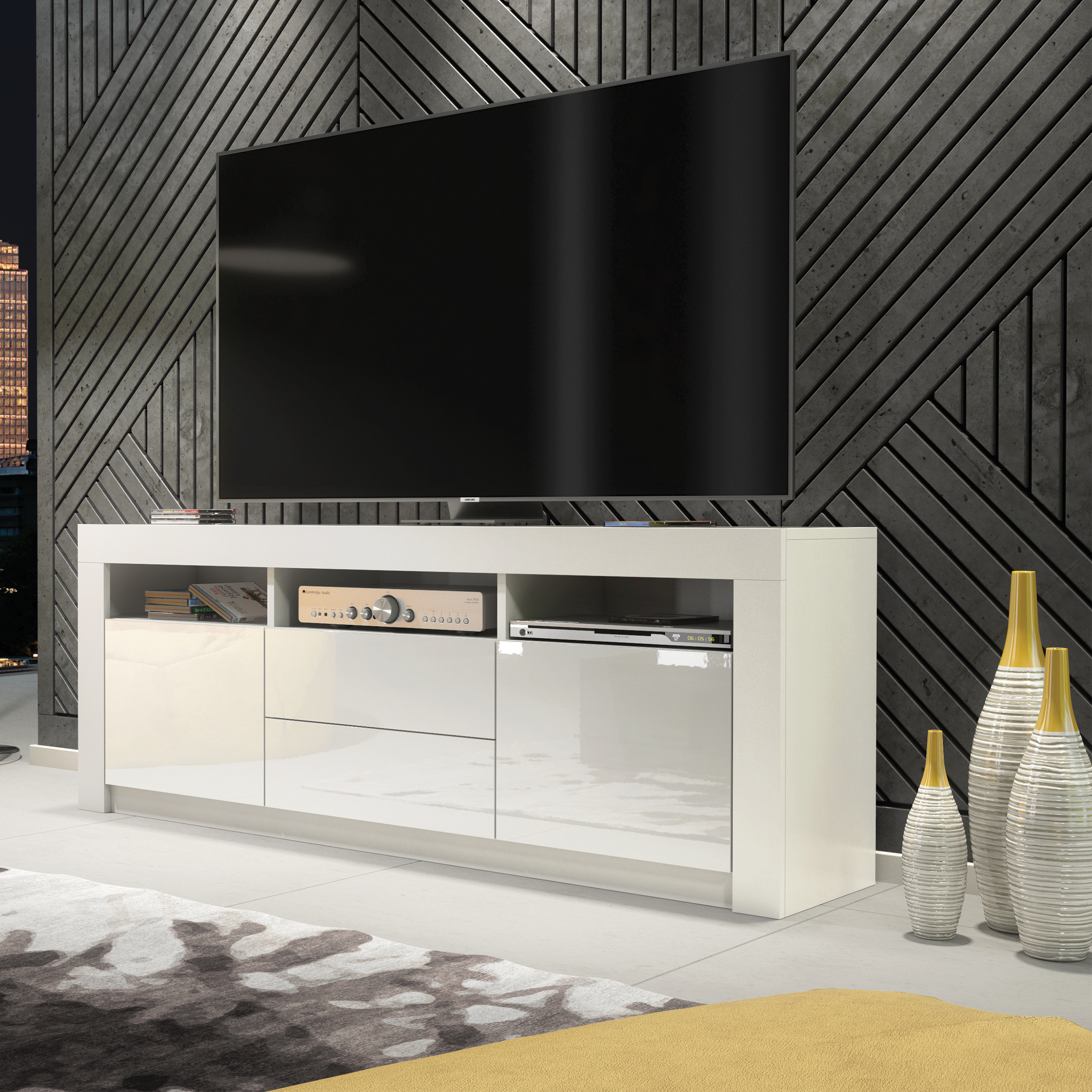 URFI Modern TV Unit Matt Body with High Gloss Fronts 160cm - White