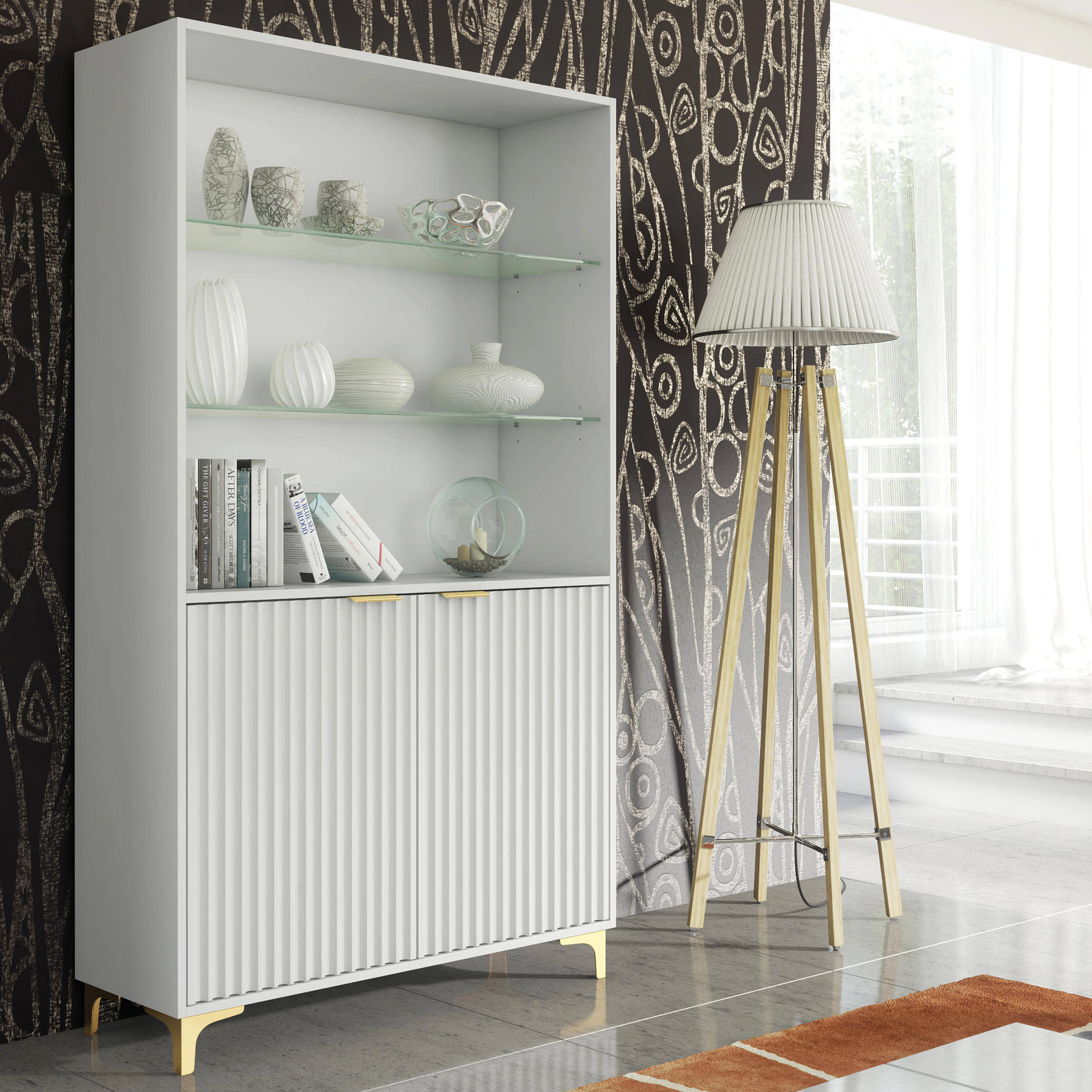 LUKMAN Modern Display Cabinet Matt Body with Gold Handles And Glass Shelves 170cm - White
