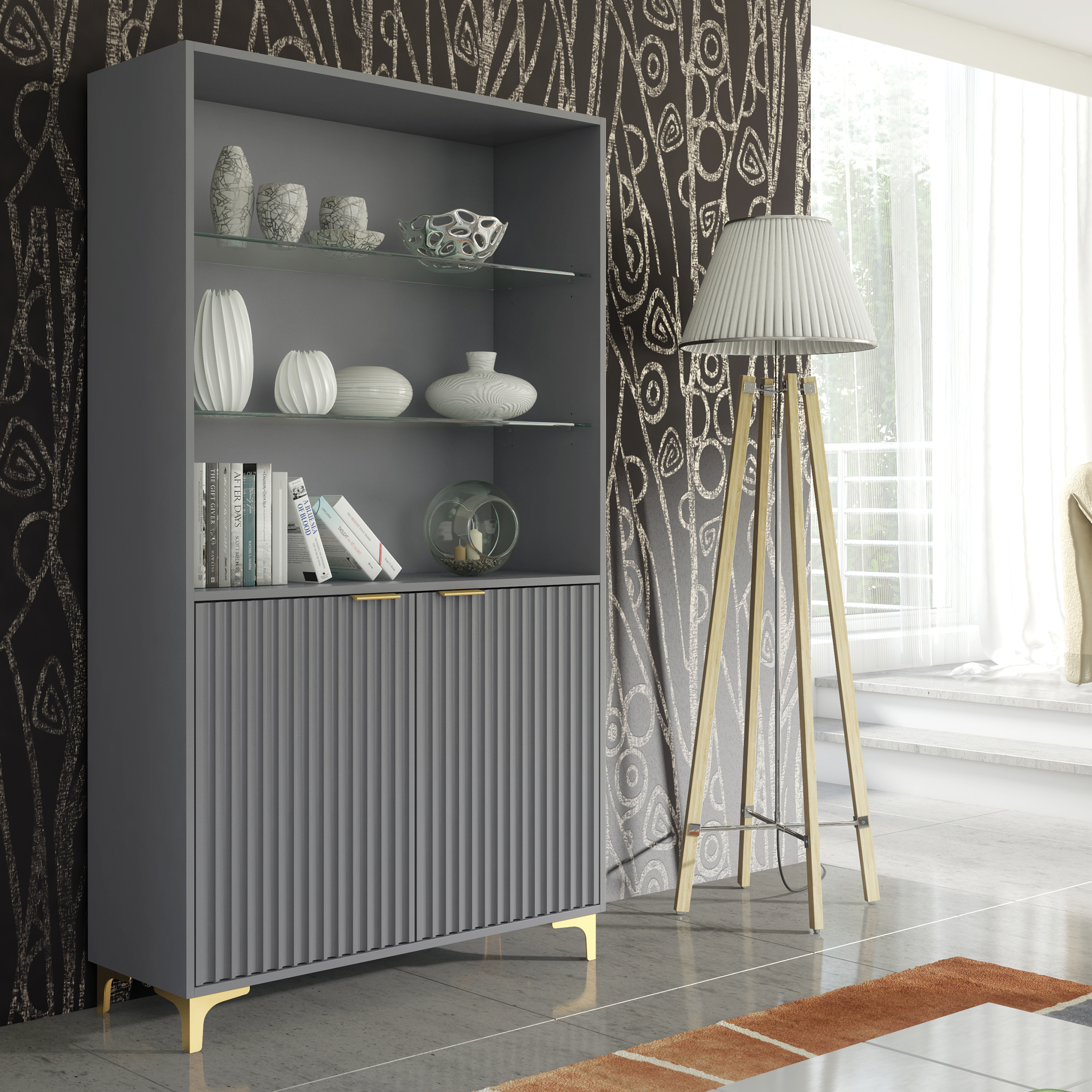 LUKMAN Modern Display Cabinet Matt Body with Gold Handles And Glass Shelves 170cm - Grey