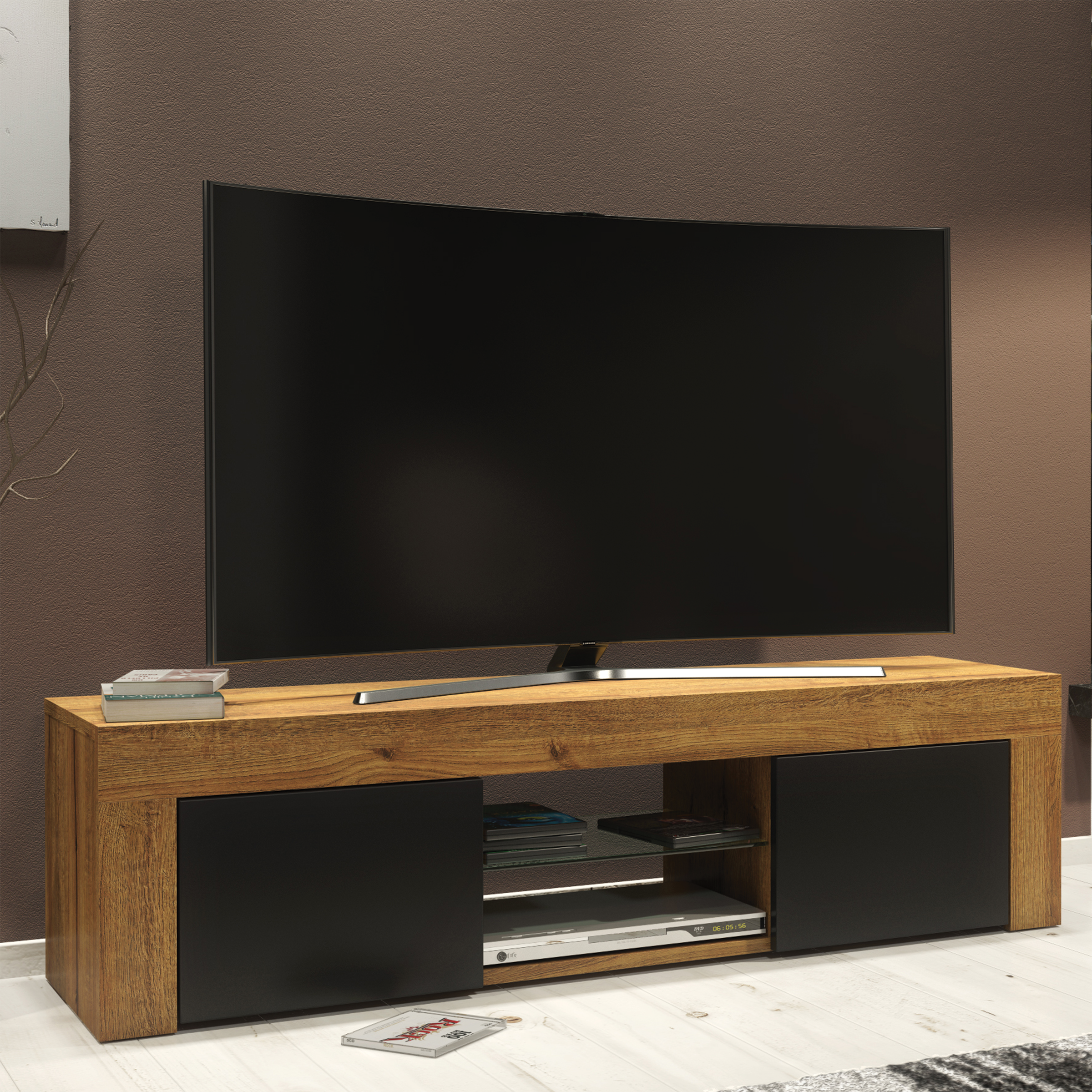 TUSSI Modern TV Unit Cabinet Stylish Matt Body And Matt Doors 130cm - Oak with Black