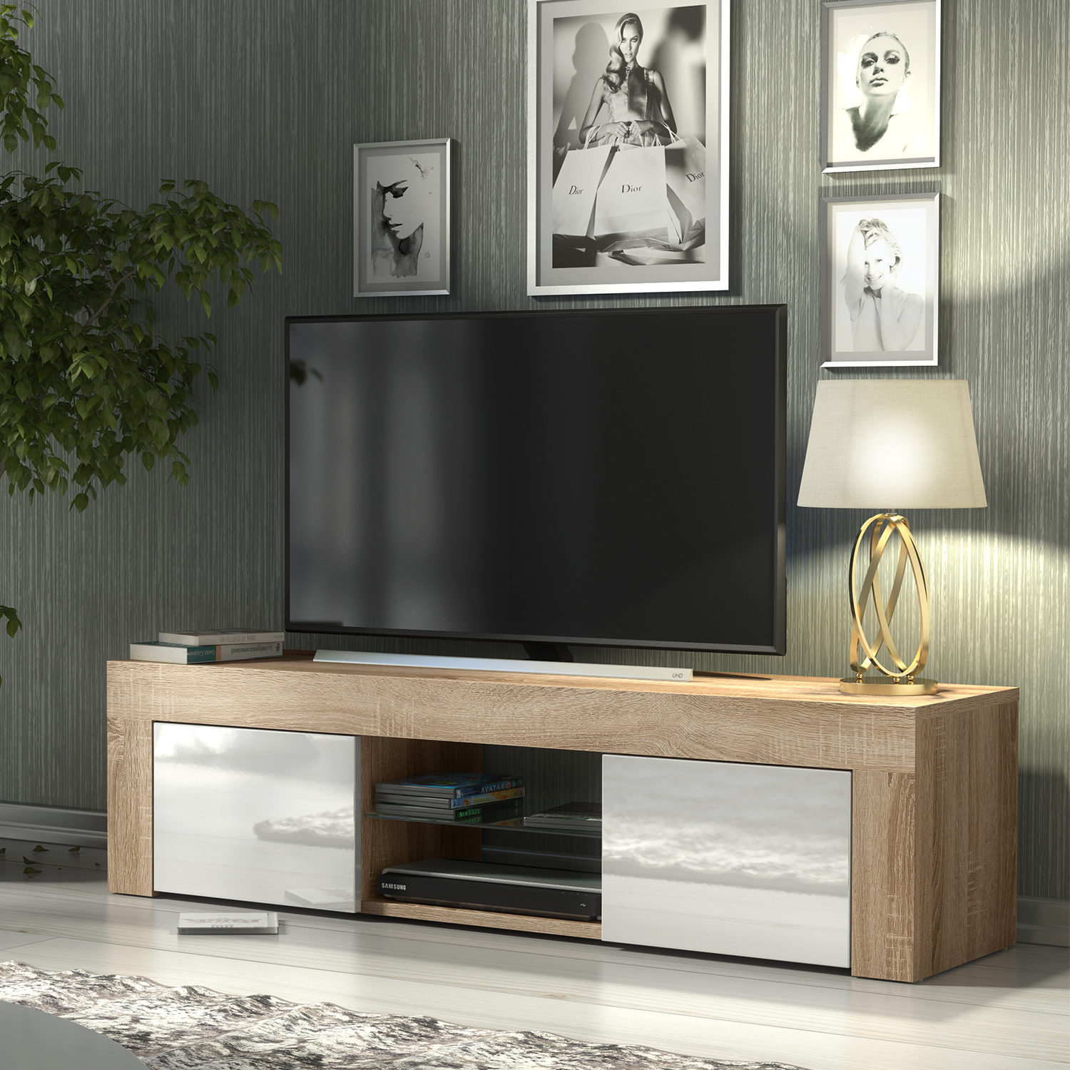 TUSSI Modern TV Unit Cabinet Stylish Matt Body And Gloss Doors 130cm - Oak with White