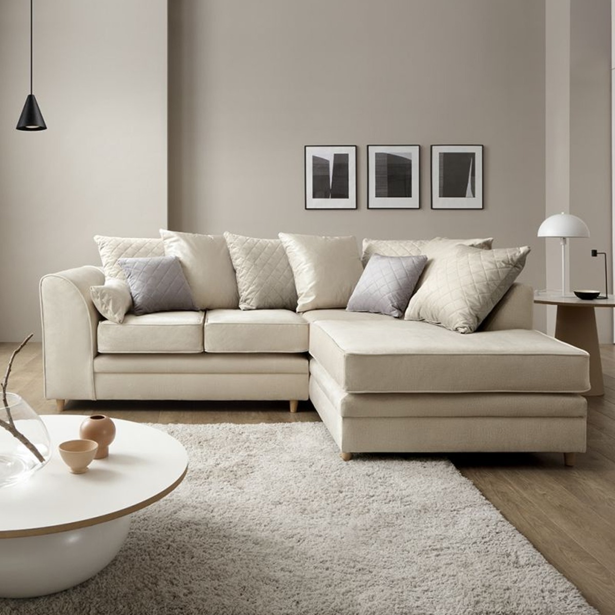 NIOMI Velvet 4 Seater L Shaped - Right Hand Facing Corner Sofa - Cream