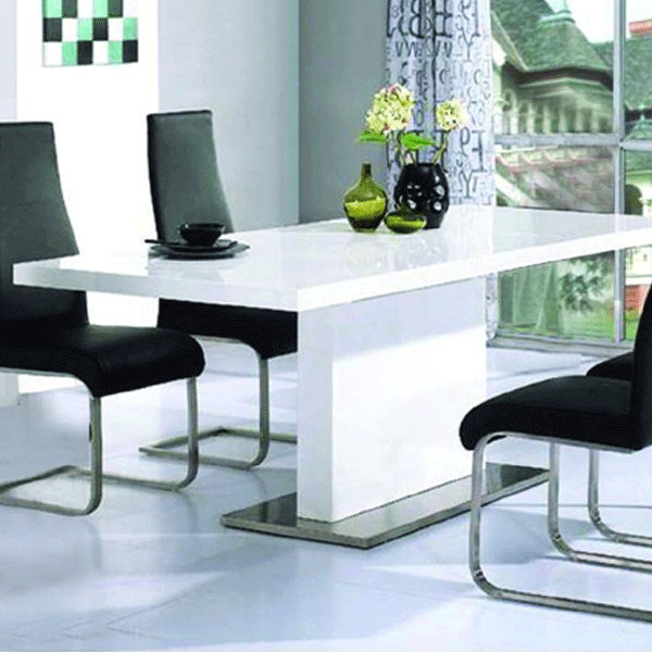 Helston Chaffee White High Gloss Dining Table with Stainless Steel Base